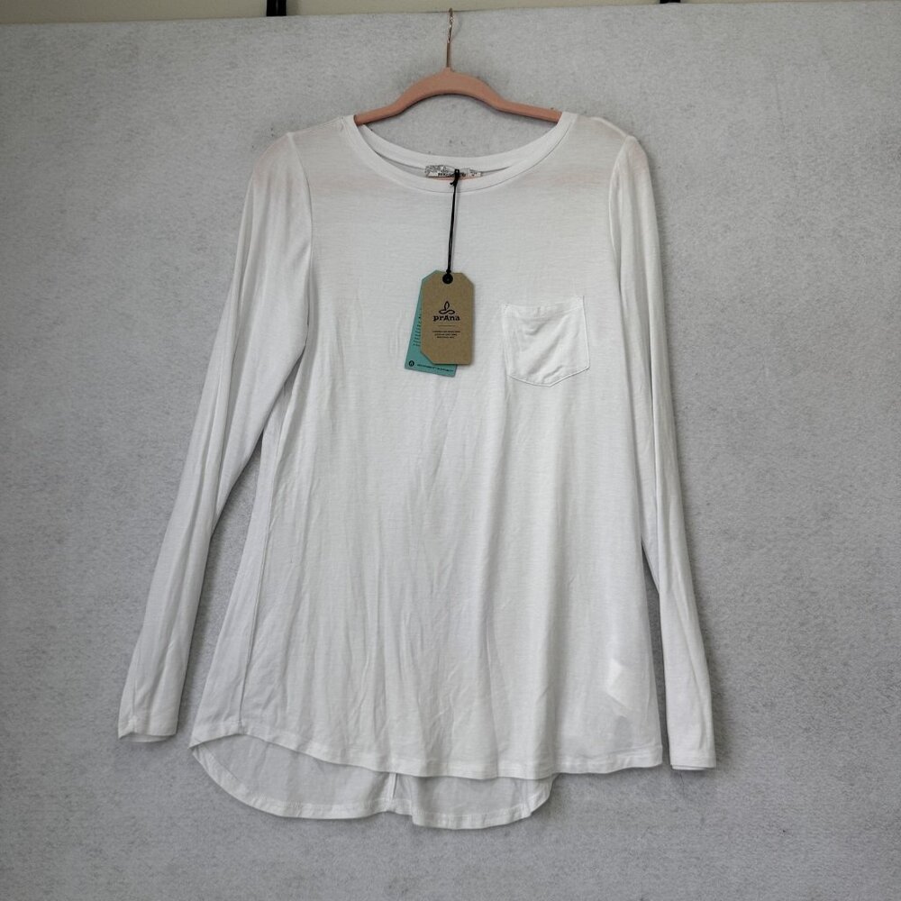 PrAna Shirt Womens Medium White Soft Modal Long Sleeve Pocket High Low Hem NWT